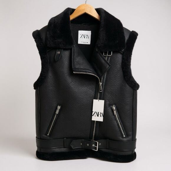 Zara Jackets & Blazers - Zara Faux Shearling Moto Belted Gilet Vest Black Size M NWT Blogger Favorite